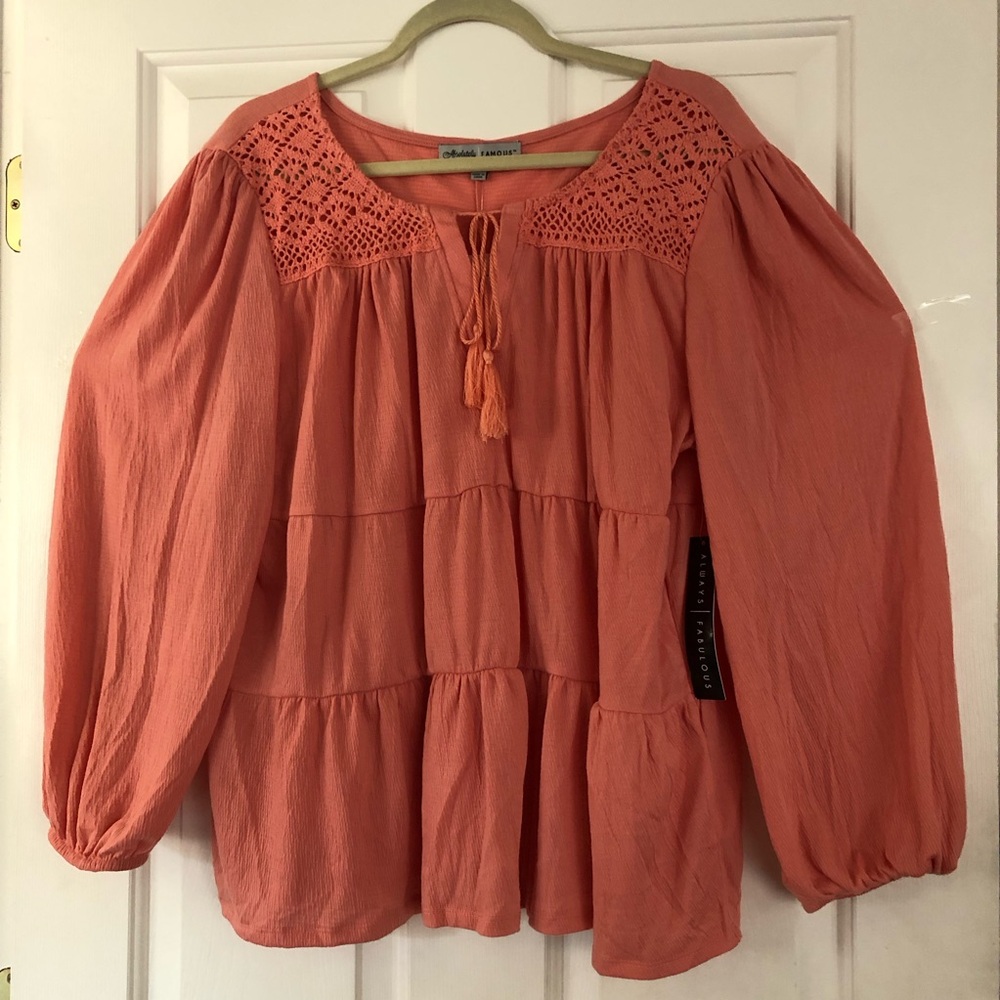 Womens Absolutely Famous Peach Crocheted Peasant Top Size 1X Long Sleeve  NWT